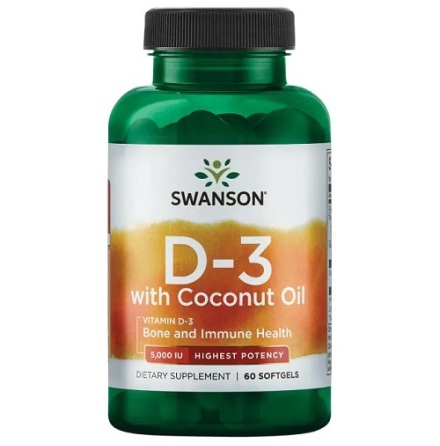 Swanson Vtamin D3 With Coconut Oil 5000IU, 60 caps